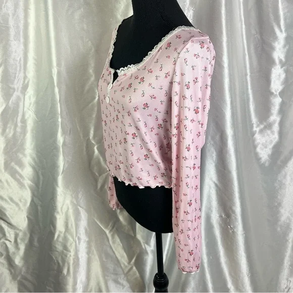 Floral Pink Long Sleeve Crop Top – Cottagecore Y2K Romantic Ruffle Blouse - Picture 3 of 6